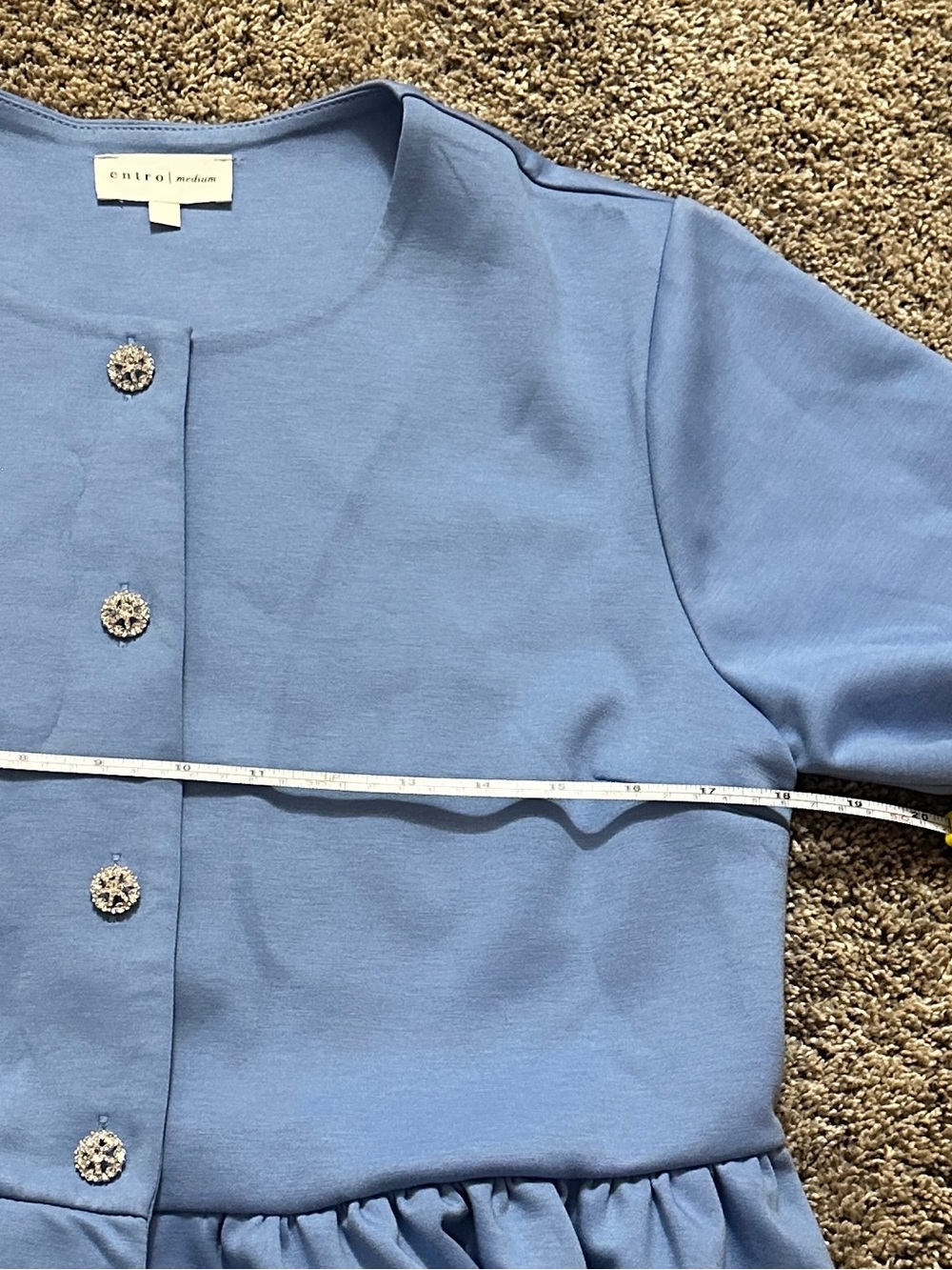 #189 Entro peplum Blue Short-Sleeve blue  Button-Front Top, Rhinestone Buttons - Picture 5 of 5